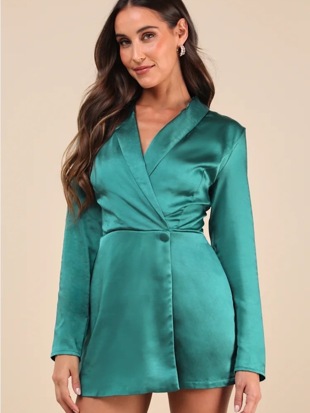 Lulu's Teal Satin Long-Sleeve Wrap Romper